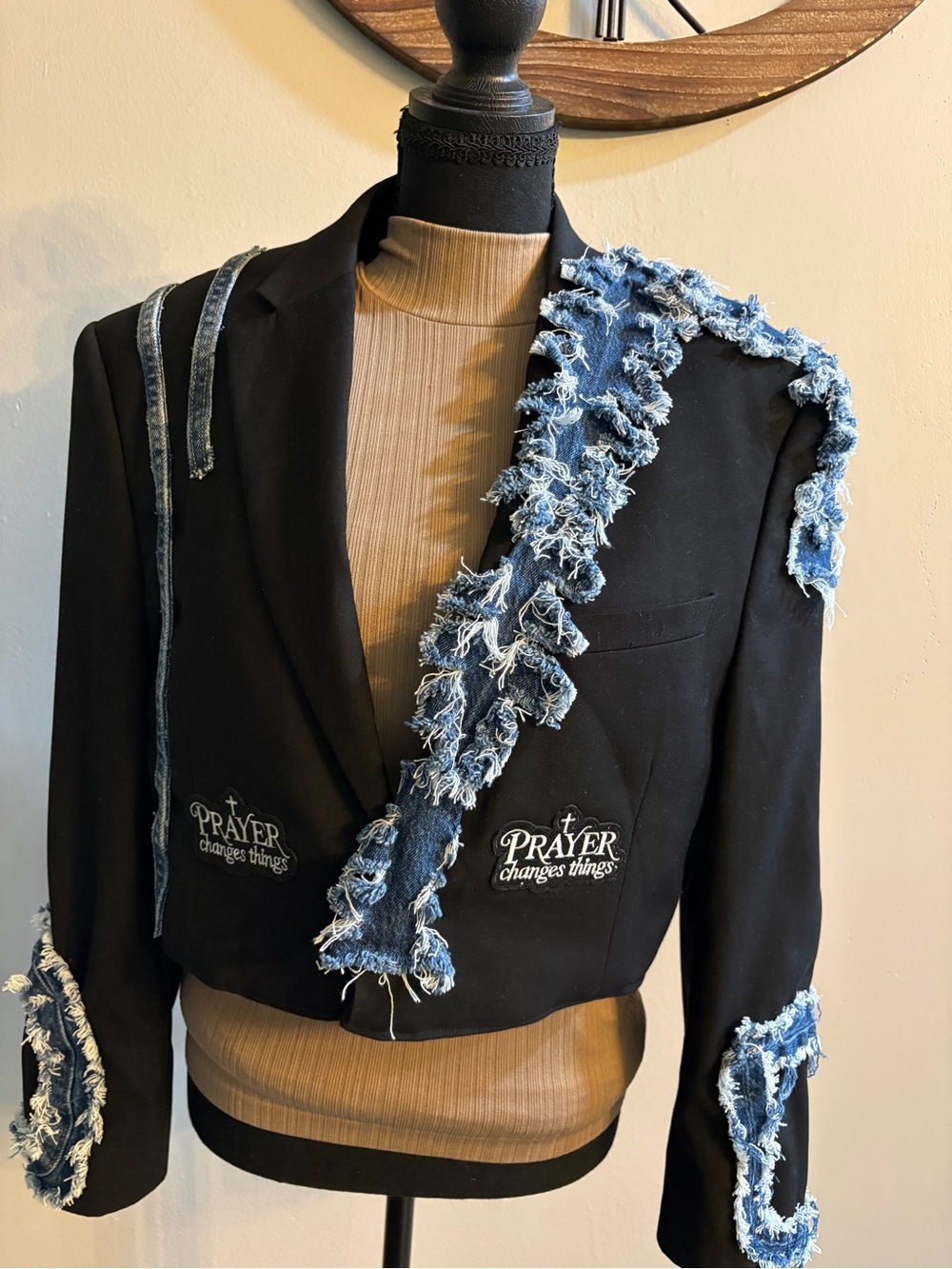 Men slim  Blazer with Distressed Denim Trim and Embroidered Detail